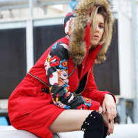 MAXMARTIN RED ABSTRACT PATTERN FIGURED FUR COLLAR WINTER COAT M5099M253 - Thumbnail 3