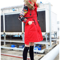 MAXMARTIN RED ABSTRACT PATTERN FIGURED FUR COLLAR WINTER COAT M5099M253 - Thumbnail 4