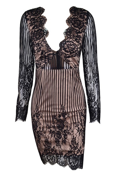 Black Long Sleeve Low V Neck Dress