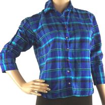 Chico's Multi-Color Plaid 3/4 Sleeve 100% Silk Career Button Up Blouse Size 0