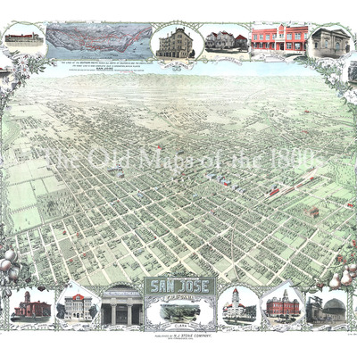 San jose, california in 1901 - bird's eye view, map, aerial, panorama, vintage, antique, fine art, wall art, history
