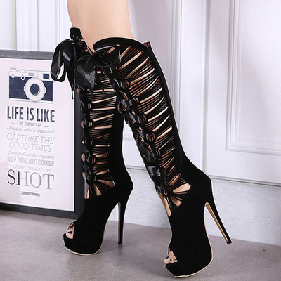 Lace up peep toe stiletto boots