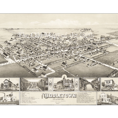 Middletown, delaware in 1885 - bird's eye view, aerial, panorama, vintage, antique, reproduction, giclée, fine art, history