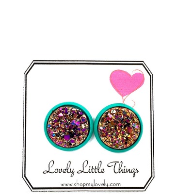 12mm pink & gold studs with teal setting 