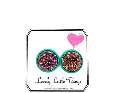 12mm Pink & Gold Studs with Teal Setting 