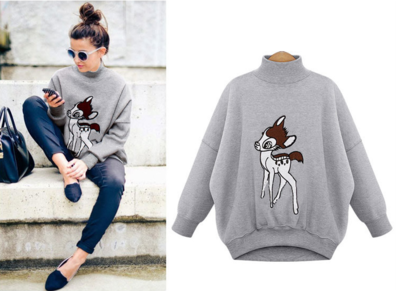 HALF HEIGHT COLLAR BAT SLEEVED DEER FIGURED SWEATSHIRT 7391