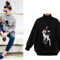 HALF HEIGHT COLLAR BAT SLEEVED DEER FIGURED SWEATSHIRT 7391 - Thumbnail 1