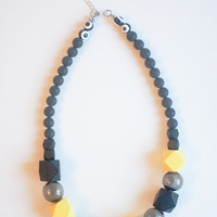 Black Yellow Wooden Bead Necklace NL1040 - Thumbnail 1