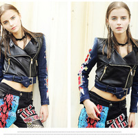 MAXMARTIN ETHNIC STYLE DENIM PU LEATHER MIXED MOTORCYCLE JACKET M1022J453 - Thumbnail 1