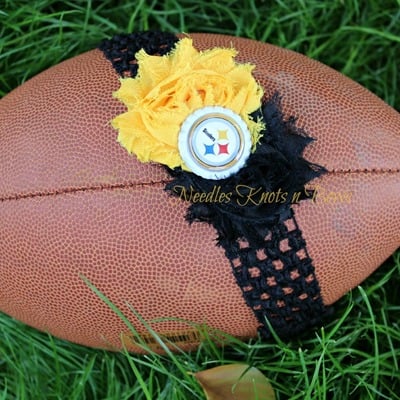 Girls pittsburgh steelers headband, girls steelers shabby chic football hair bow, newborn, women - Thumbnail 2