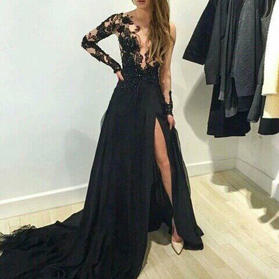 Sexy prom dress, long black prom dress, lace prom dress, long sleeve prom dress, cheap prom dress, unique prom dress, popular prom dress, pd15241