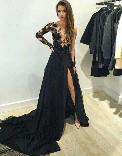 Sexy prom dress, long black prom dress, lace prom dress, long sleeve prom dress, cheap prom dress, unique prom dress, popular prom dress, PD15241