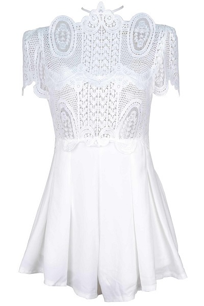 White Lace Playsuit With Cap Sleeve And high Neck