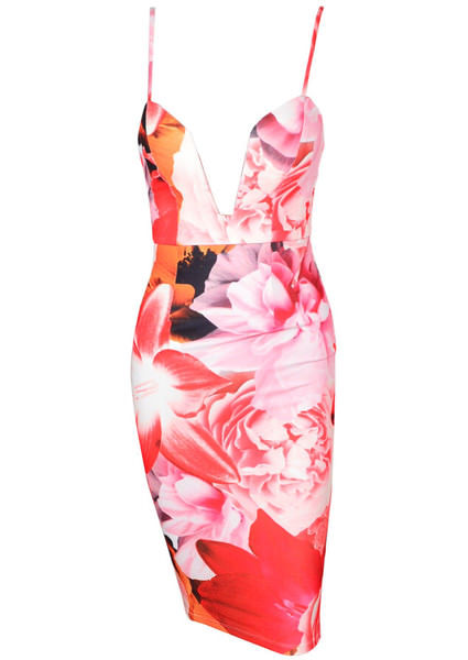 Red Malibu Flower Color Printing V-Neck Dress