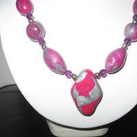 Pink and silver polymer clay necklace - Thumbnail 1