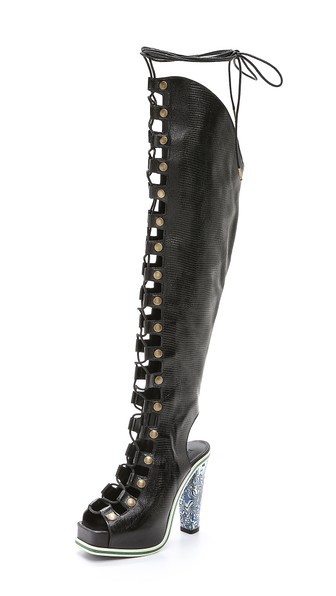 Rodarte Black Embossed Over The Knee Lace Up Boot