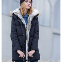 EUROPEAN STYLE FAUX WHITE BLACK HOODED WINTER COAT 14DC019 - Thumbnail 1