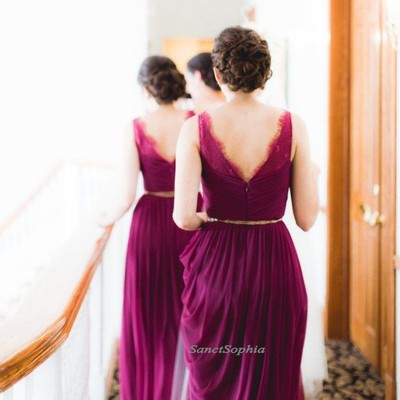 Elegant purple v-neckline bridesmaid dress,v-back prom dress,a-line evening dress