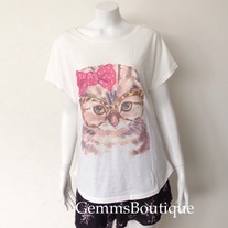 Hipster Cat Printed Batwing Tee