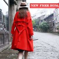RED DOUBLE BREASTED LAPEL LONG WINTER COAT - Thumbnail 1