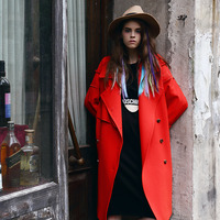 RED DOUBLE BREASTED LAPEL LONG WINTER COAT - Thumbnail 3
