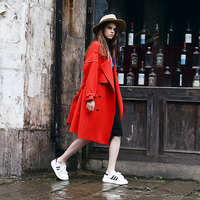 RED DOUBLE BREASTED LAPEL LONG WINTER COAT - Thumbnail 4