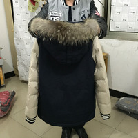 MBL HOODED FAUX RACCOON FUR COLLAR BEIGE NAVY COAT - Thumbnail 1