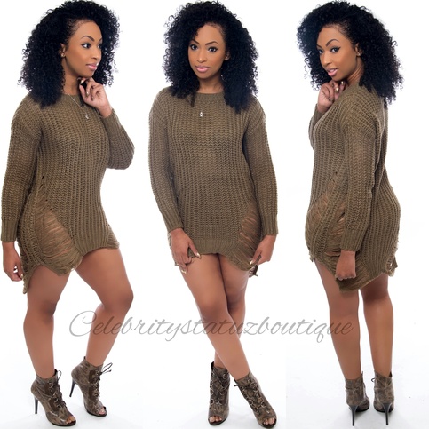 Shredded Sweater Dress-Olive