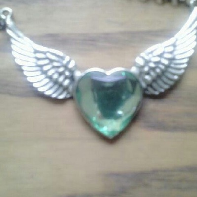 Crystal & antique bronze heart and wings necklace