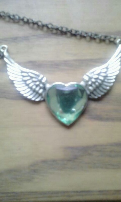 Crystal & antique bronze heart and wings necklace
