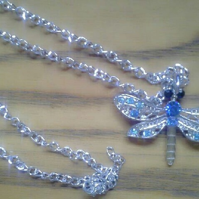 Blue rhinestone & crystal dragonfly necklace