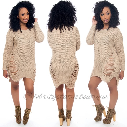 Shredded Sweater Dress-Taupe