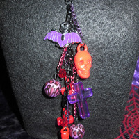 Ultra Long Red & Purple Leopard, Skull, Cross and Bat Necklace - Thumbnail 2