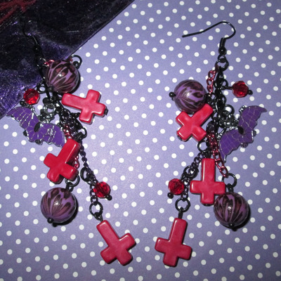 Red & purple leopard, skull, cross and bat earrings