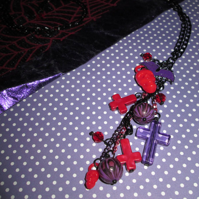Ultra Long Red & Purple Leopard, Skull, Cross and Bat Necklace
