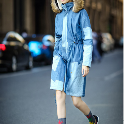 Denim stitched style woolen hooded winter coat - Thumbnail 3