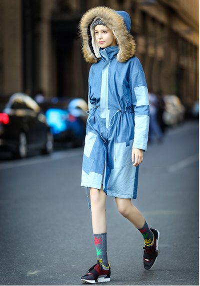 DENIM STITCHED STYLE WOOLEN HOODED WINTER COAT