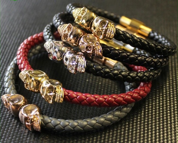 Leather Double Skull Bracelet