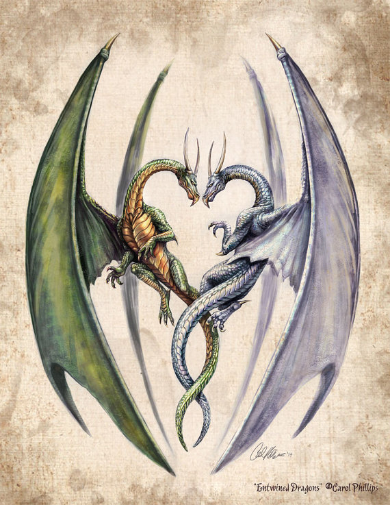 Fantasy Fine Art Giclee Print Entwined Dragons lovers love valentines