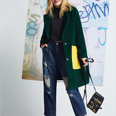 Material girl woolen green coat with big pocket mwaa54104