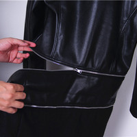 BICCHE PU LEATHER MOTORCYCLE DETACHABLE ZIPPER LONG BLACK JACKET - Thumbnail 3