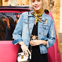 MATERIAL GIRL COWBOY CARTOON HOLE DESIGN DENIM JACKET - Thumbnail 1