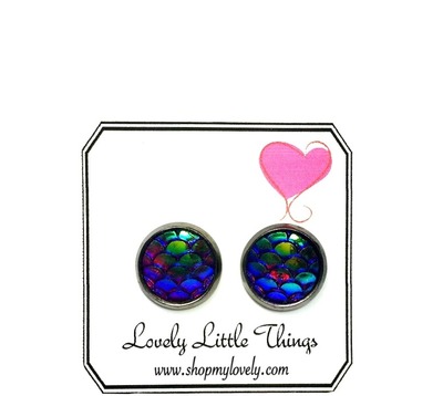 10mm Blue/Green Mermaid Studs with Gunmetal Setting 