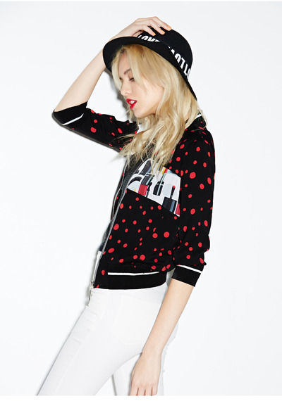 MATERIAL GIRL ABSTRACKT LIPSTICK FIGURED POLKA DOT BASEBALL JACKET