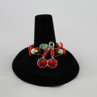 Pinup girl cherries wire wrapped ring;  red, white, green, black
