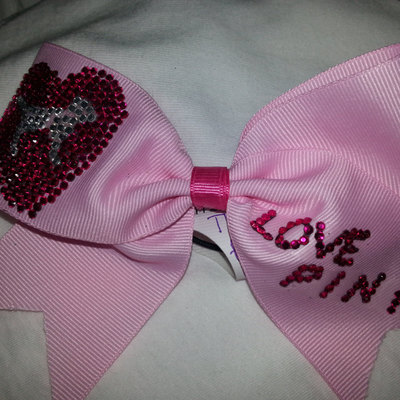 "love pink" bling scottie dog and heart - 2 in pale pink grosgrain ribbon with bling gems center cheer bow