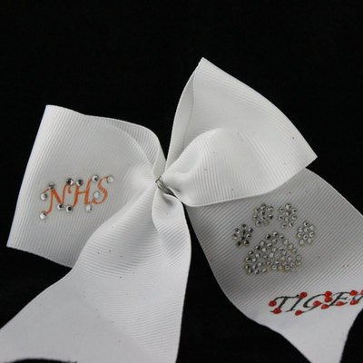 "bling paw"  (your school) - 2 in white grosgrain ribbon with silver center  accented with bling gems cheer bow