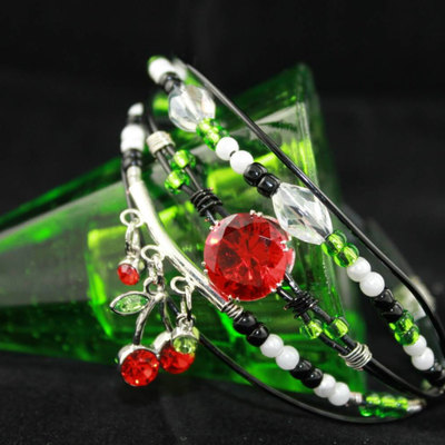 Pinup cherries wire crafted charm bracelet;  red, white, green, black beads