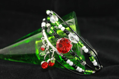 PinUp Cherries Wire Crafted Charm Bracelet;  Red, White, Green, Black Beads