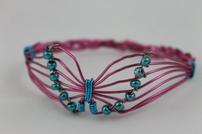 Pink Wire Butterfly Bracelet with Teal Beads